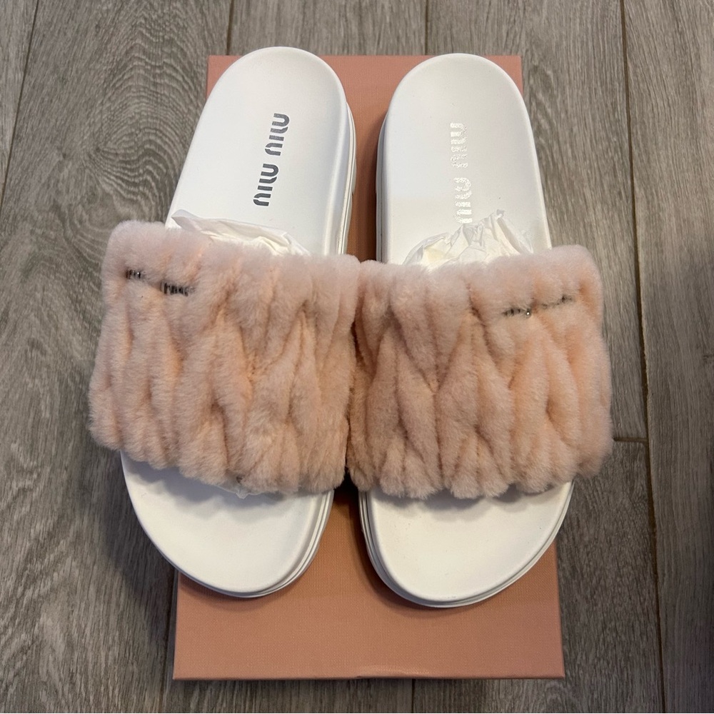 Miu Miu Women's Matelassé Shearling Slide Sandals